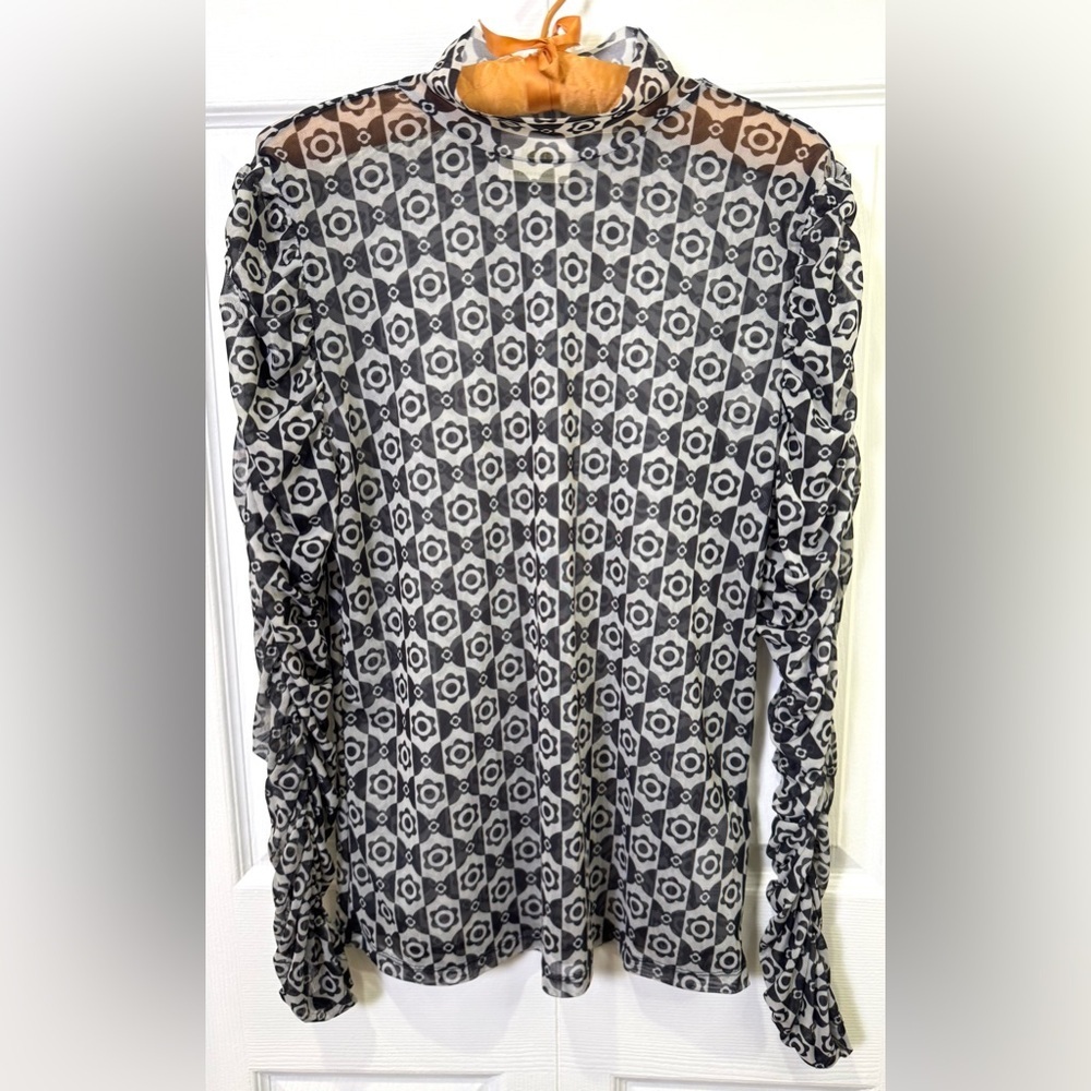 Anthropologie Maeve Floral Mesh Turtleneck Black White Vintage Print Top XL